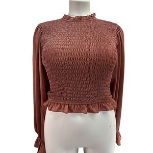 Smocked Ruffle Hem Long Sleeve Blouse Rust Orange Size Small NWT Crop Top‎